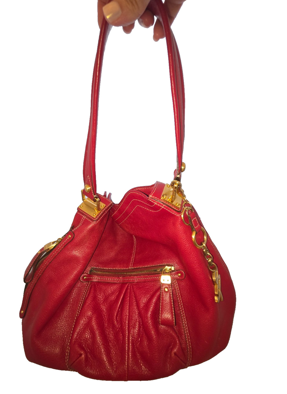Y2K B Makowsky Shoulder Bag Leather Womens Red Pebbled Hobo Gold Hardware Purse